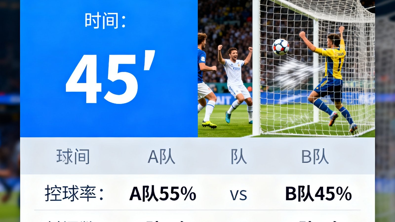实时比分弹窗界面，显示进球球队、时间、动画效果，下方有球队数据对比表
